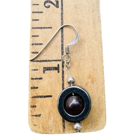 Vintage 925 Sterling Silver Dangle Earrings With Garnet Red Stones & Circular De - Picture 6 of 6